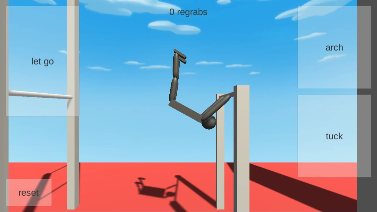 NoomiClone character hanging from a bar, with the on-screen controls.
